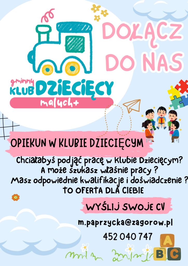 plakat o rekrutacji opiekuna w klubie dziecięcym